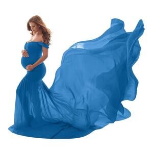 Iwemek Maternity Dress Mermaid Off Shoulder Slim Fit Chiffon Gown Sky Blue New